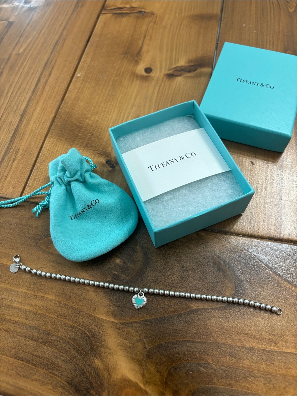 Tiffany & Co. Sterling Silver Bead Bracelet with Turquoise Heart Charm